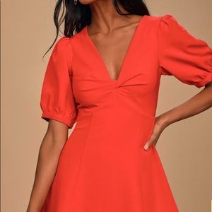 Lulus red puff sleeve skater dress